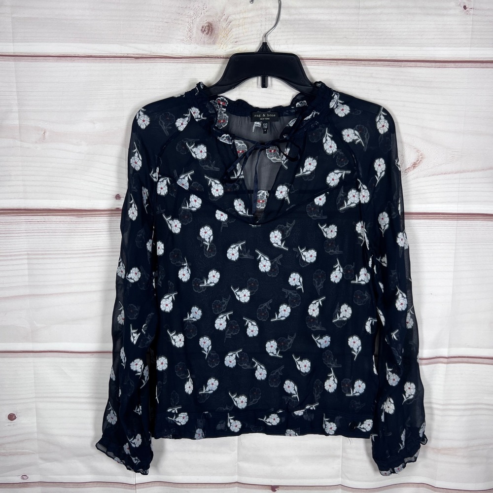 Rag & Bone Blouse Women XXS Black Floral Silk Blend Sheer Ruffle Tie Neck Top
